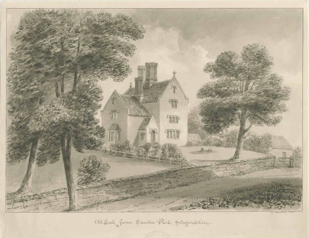 Sandon - Old Hall Farm: رسم يغسل بني داكن بواسطة جورج باكلر