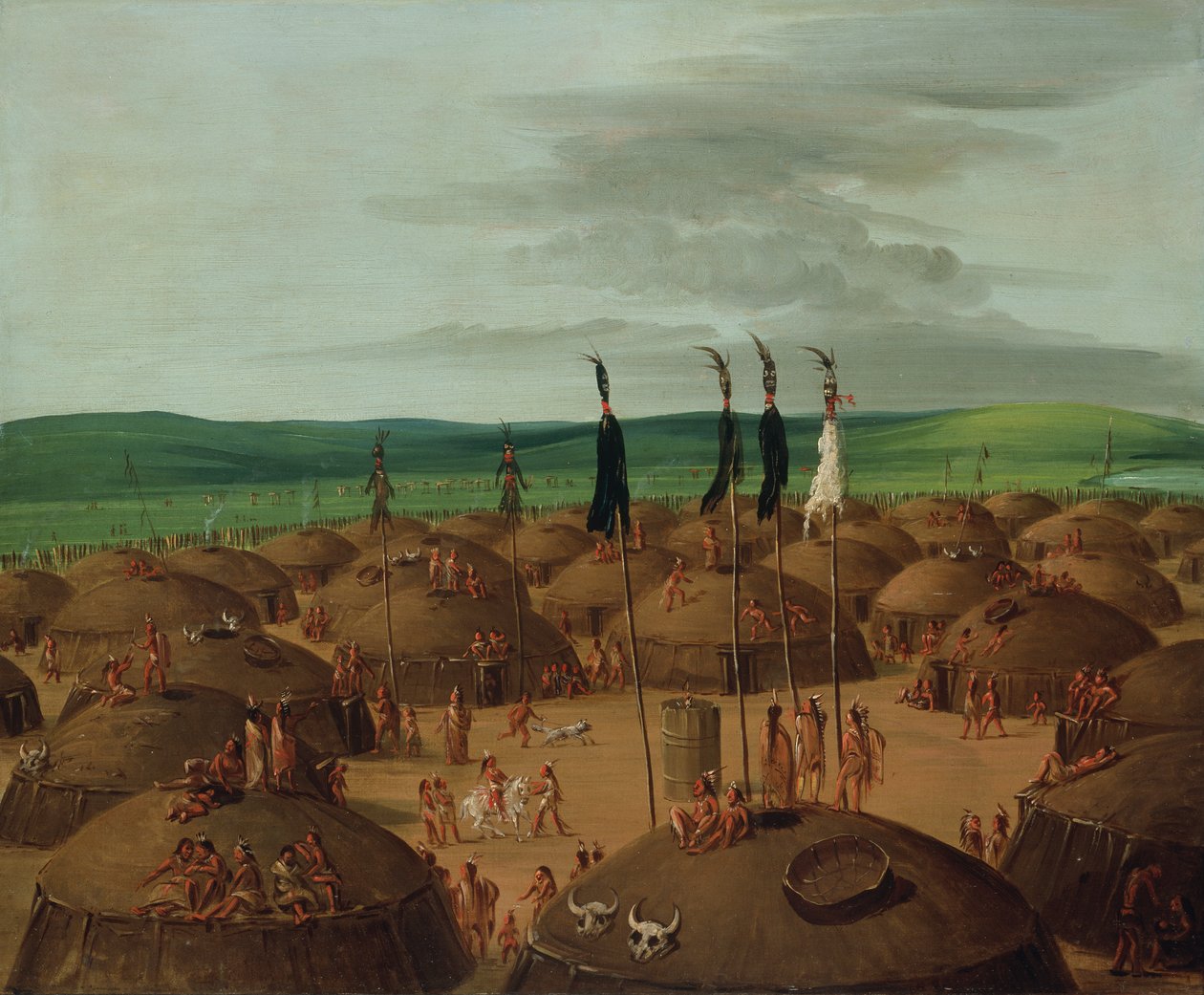 منظر من منظور عين الطائر لقرية Mandan ، 1800 ميل فوق سانت لويس ، 1837-1839. بواسطة جورج كاتلين