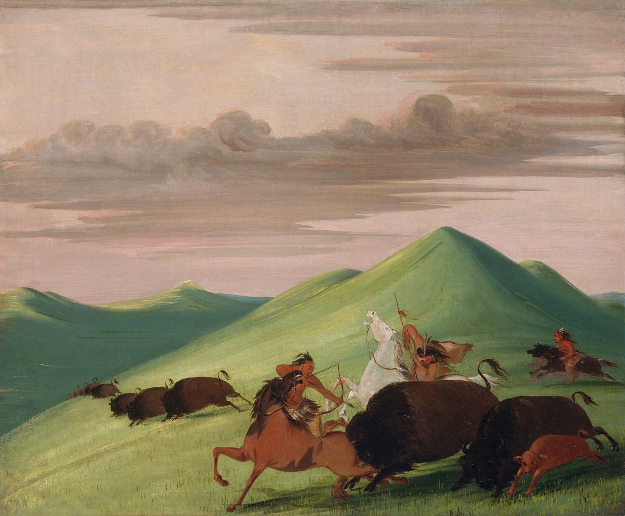 بوفالو تشيس ، ثور يحمي بقرة وعجل ، 1832-1833. بواسطة جورج كاتلين