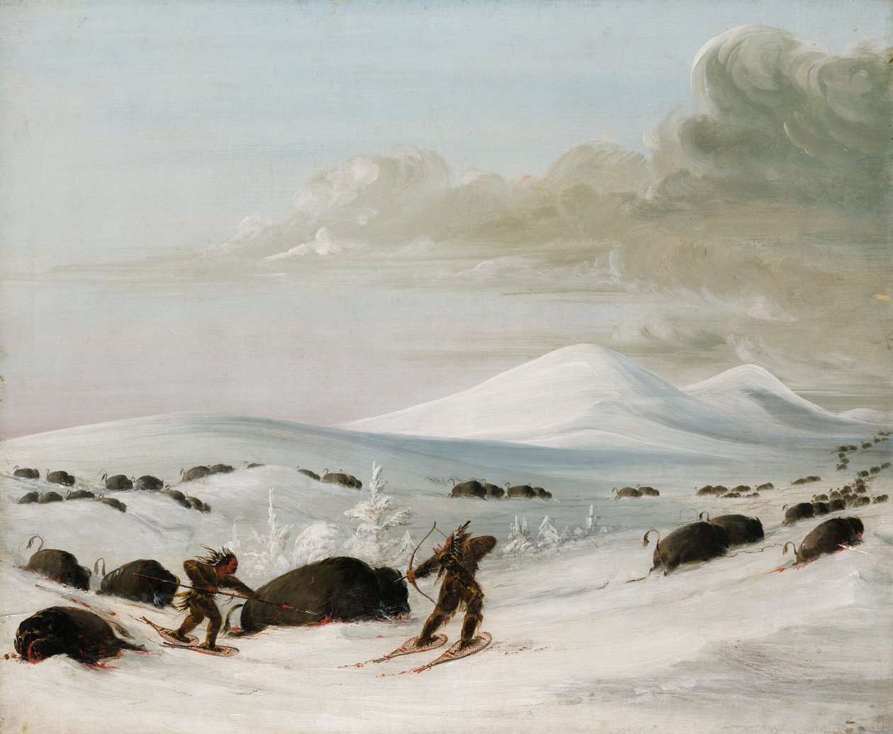 مطاردة الجاموس في Snowdrifts ، الهنود يلاحقون أحذية الثلوج ، 1832-1833. بواسطة جورج كاتلين
