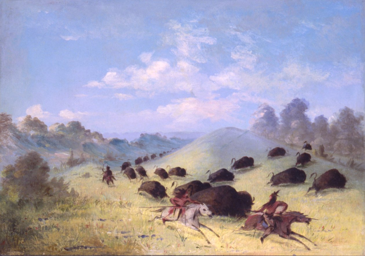 الهنود الكومانشيون يطاردون الجاموس بالرماح والأقواس ، 1846-1848. بواسطة جورج كاتلين