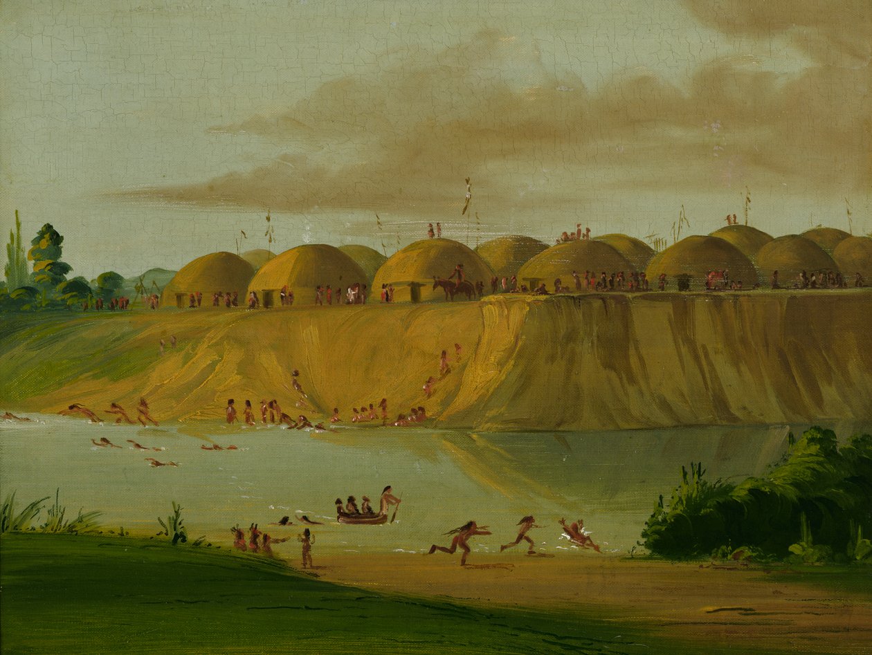 قرية هيداتسا ، مساكن مغطاة بالأرض ، على نهر السكين ، 1810 ميل فوق سانت لويس ، 1832. بواسطة جورج كاتلين
