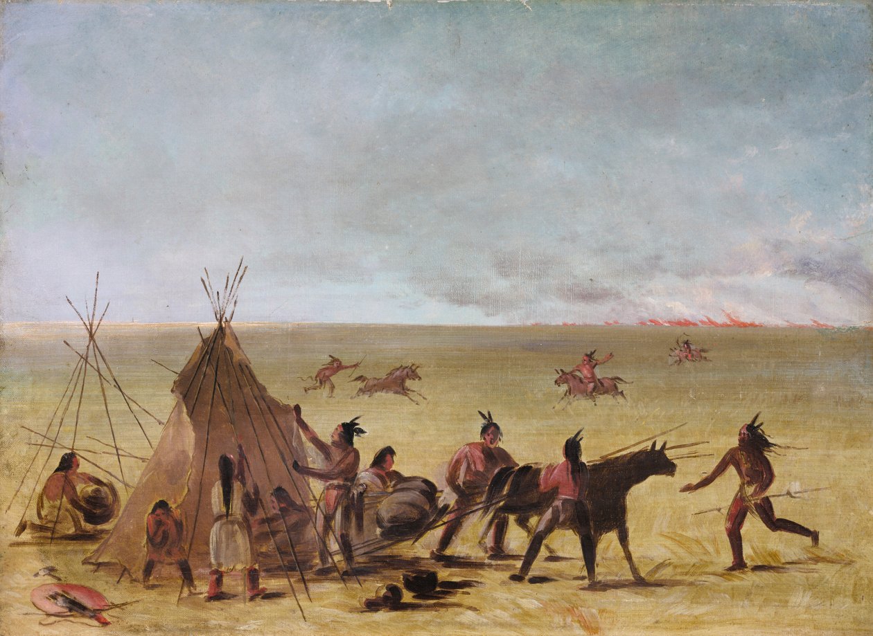 عائلة هندية منزعجة من نهج حريق البراري ، 1846-1848. بواسطة جورج كاتلين