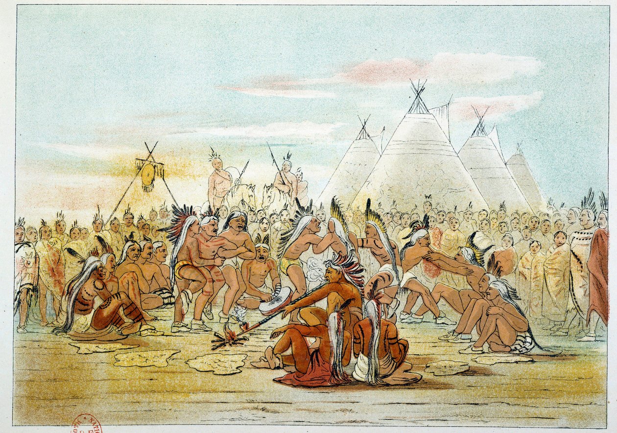 هنود أمريكا: قبيلة أسينيبوين تشبه رقص الغليون سيوكس. رسم جورج كاتلين (1794-1872) بواسطة جورج كاتلين