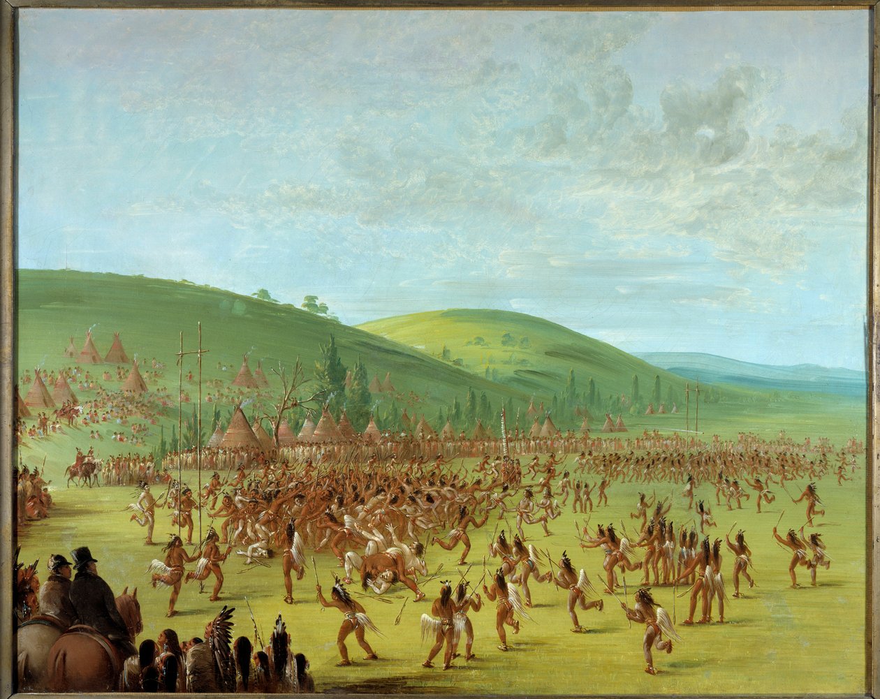 هنود أمريكا: "" لعبة الكرات بين الهنود "لوحة لجورج كاتلين (1794-1872) 1835 بلرانكور ، متحف فرانكو أمريكان - الأمريكيون الأصليون مسرحية الكرة. لوحة جورج كاتلين (1794-1872) بواسطة جورج كاتلين