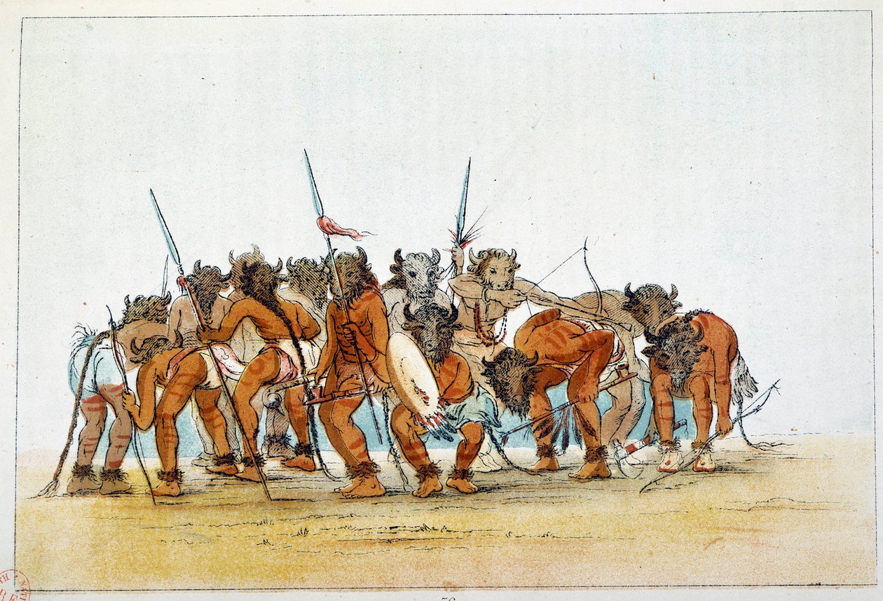 هنود أمريكا: لقاء محاربي Mandans مع رأس الجاموس على رؤوسهم. رسم جورج كاتلين (1794-1872) بواسطة جورج كاتلين