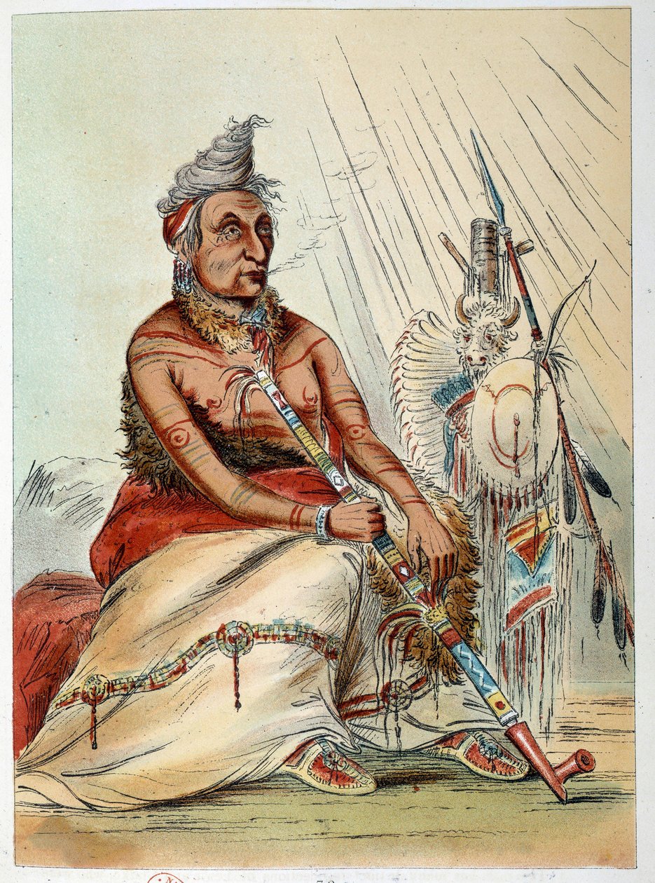 هنود أمريكا: صورة لشيف هندي عجوز يدخن غليونه المسمى The Black Mocassin. رسم جورج كاتلين (1794-1872) بواسطة جورج كاتلين