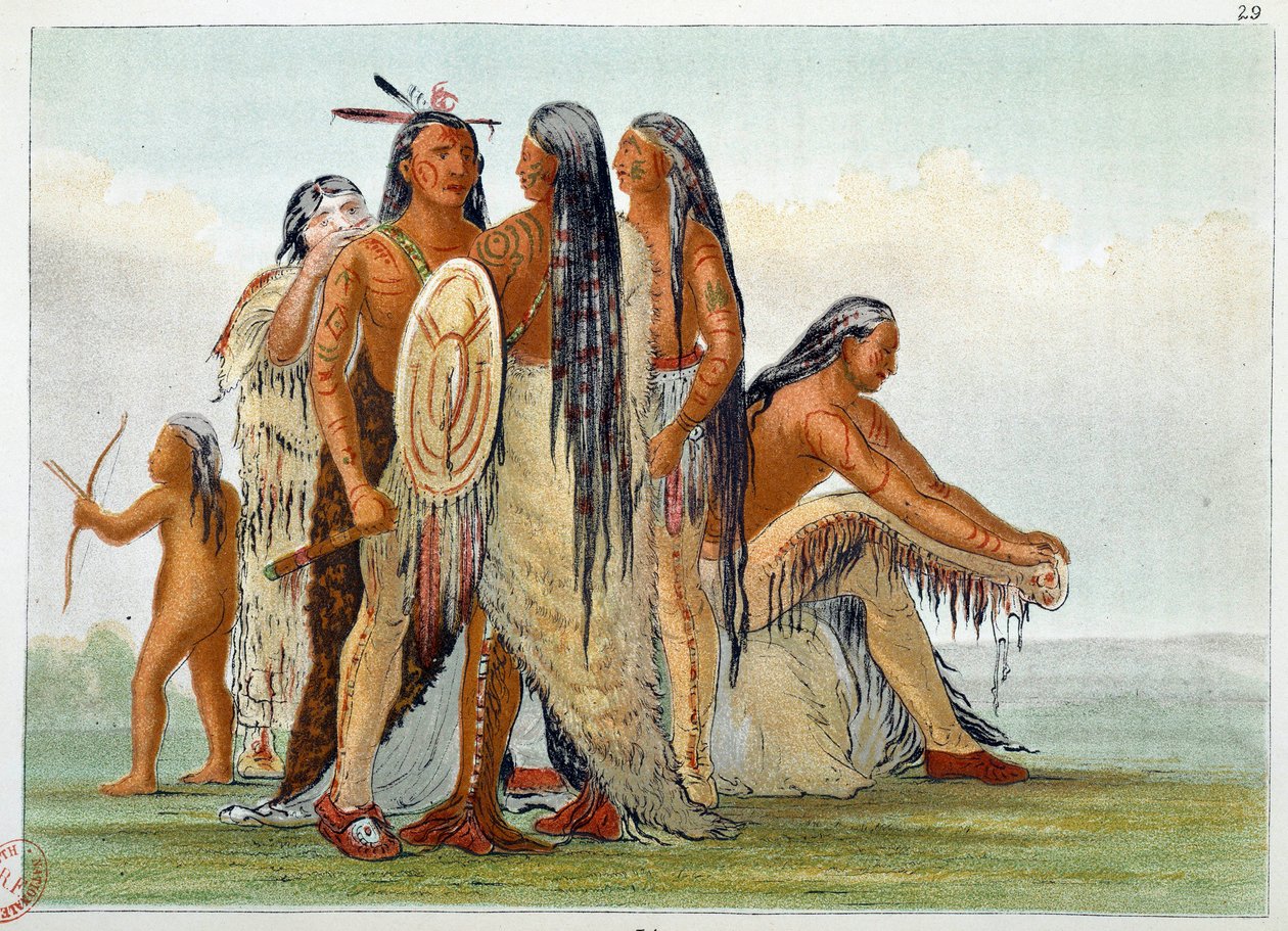 هنود أمريكا. Mandans: الزعيم San Ja Ka Ko Kah (San-Ja-Ka-Ko-Kah) يحيط بأسرته. نقش جورج كاتلين (1794-1872) بواسطة جورج كاتلين
