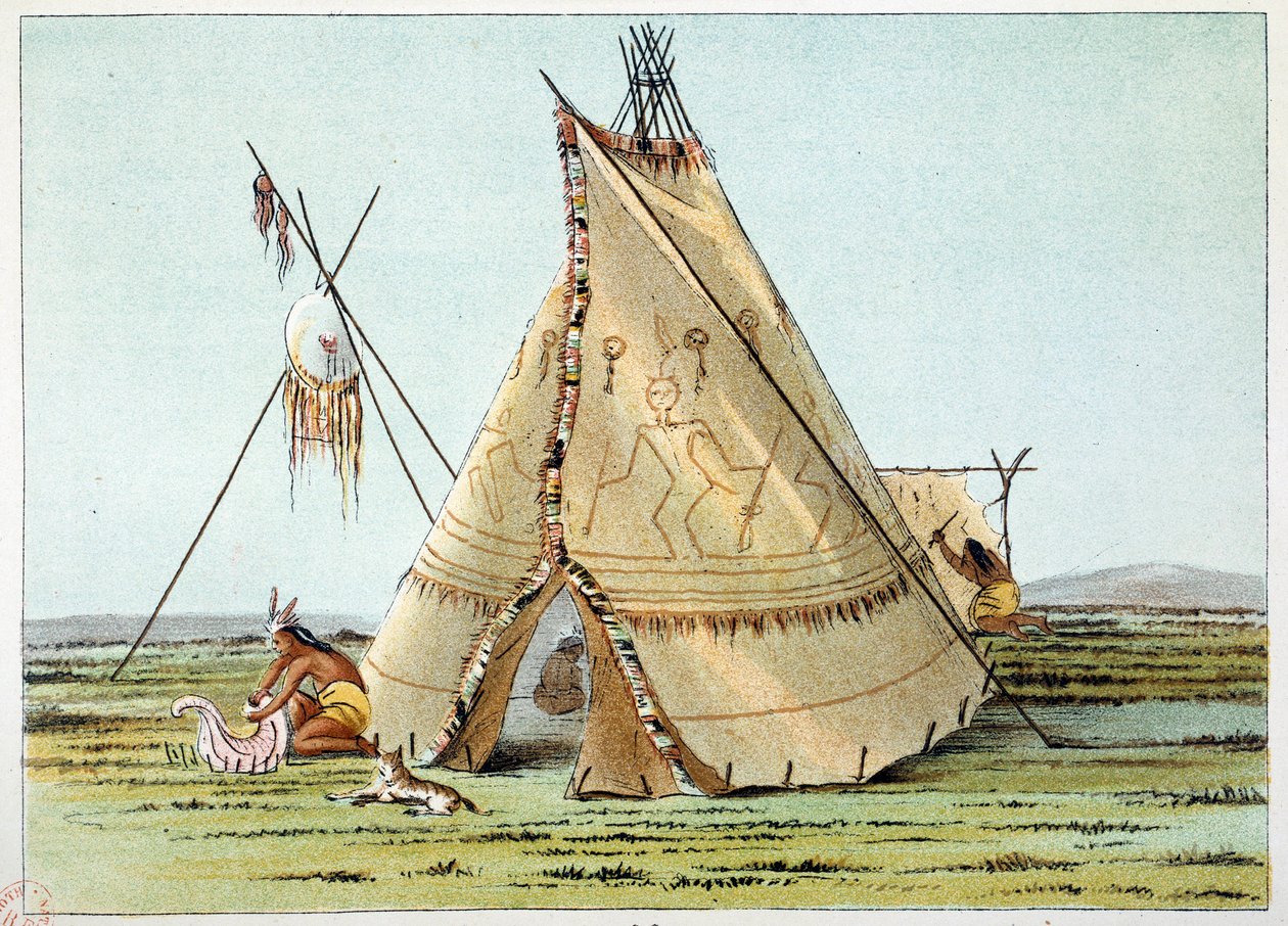 هنود أمريكا: تيبي من قبيلة الغربان تعلوها أطباق من نباتات النيص. رسم جورج كاتلين (1794-1872) بواسطة جورج كاتلين