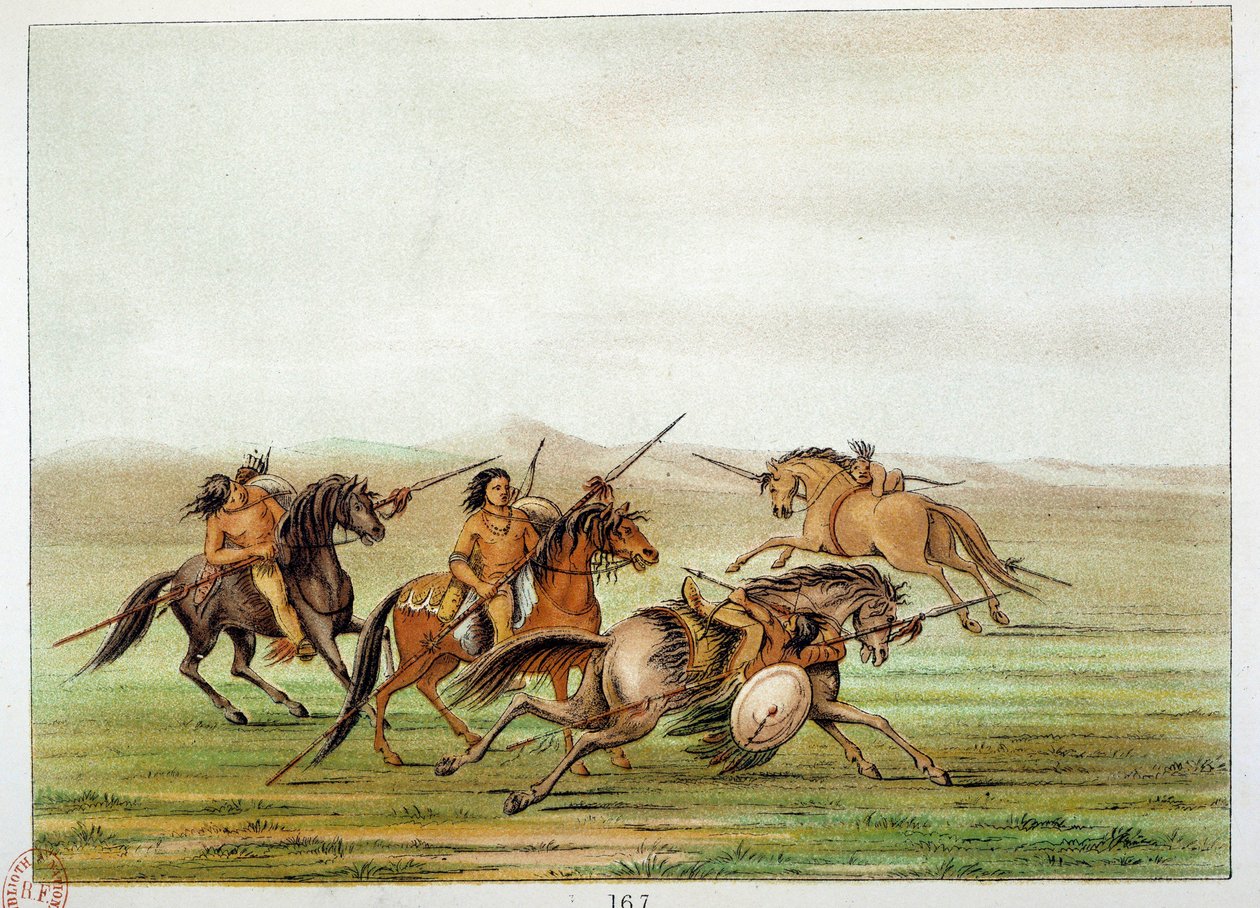 هنود أمريكا: قادة المحاربين يتدربون على ظهور الخيل. رسم جورج كاتلين (1794-1872) بواسطة جورج كاتلين