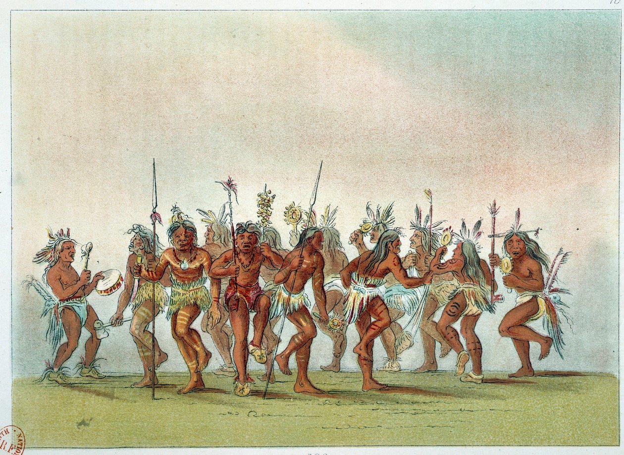هنود أمريكا: رقصة الأرواح بين السيو للحصول على رحمة الجنة. رسم جورج كاتلين (1794-1872) بواسطة جورج كاتلين