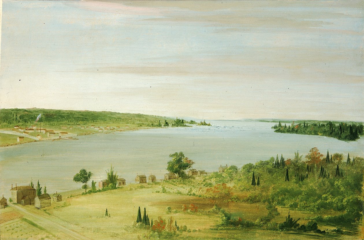 سولت سانت. ماري ، تظهر حامية الولايات المتحدة في المسافة ، 1836-1837. بواسطة جورج كاتلين