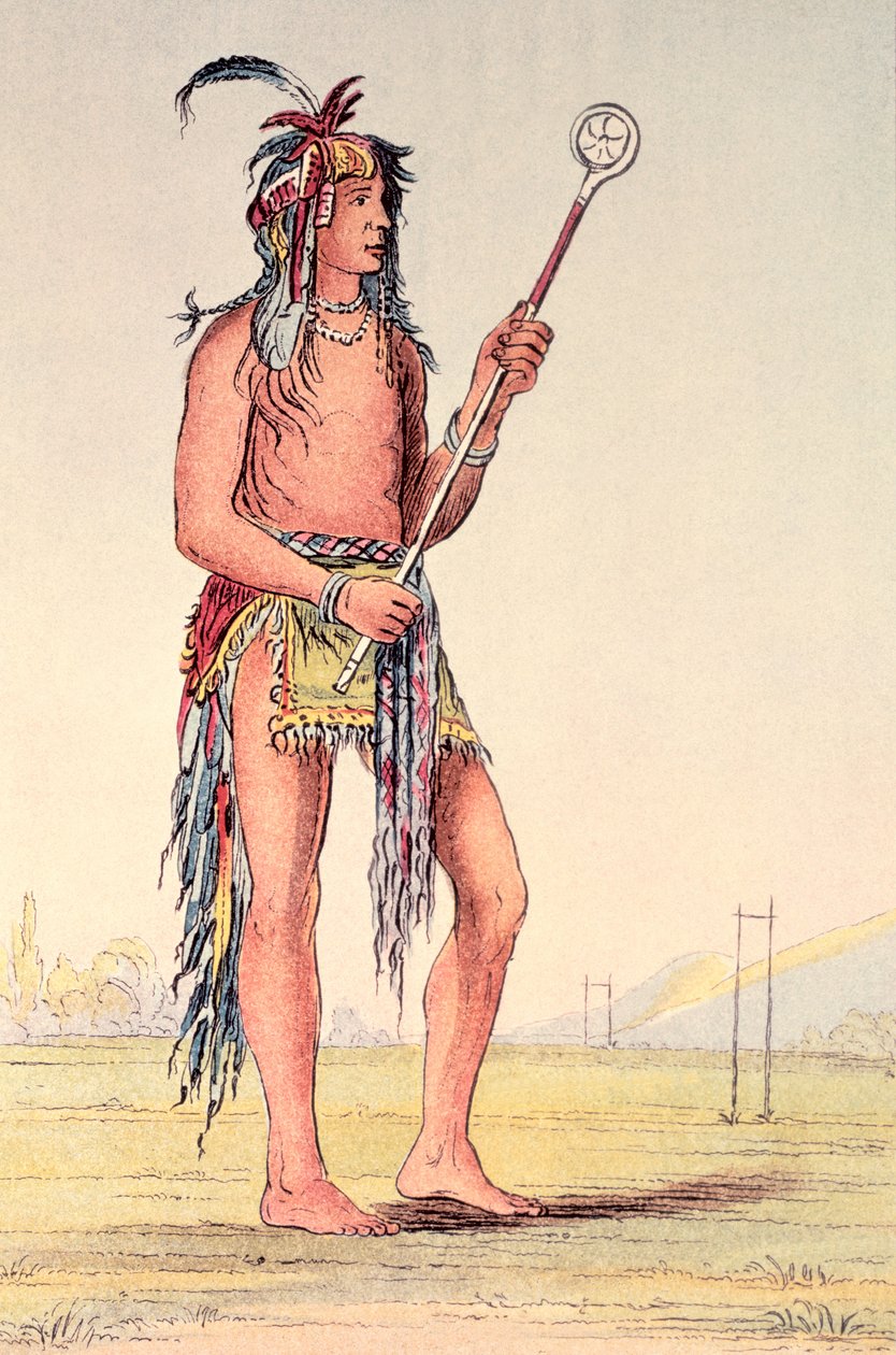 لاعب الكرة Sioux Ah-No-Je-Nange ، "من يقف على كلا الجانبين" (ليثو ملون يدويًا) بواسطة جورج كاتلين