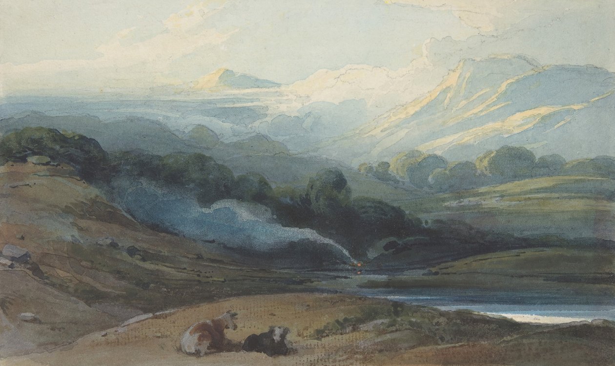 ماشية تستريح في منظر طبيعي جبلي ، كاليفورنيا. 1808-12. بواسطة جورج شنري