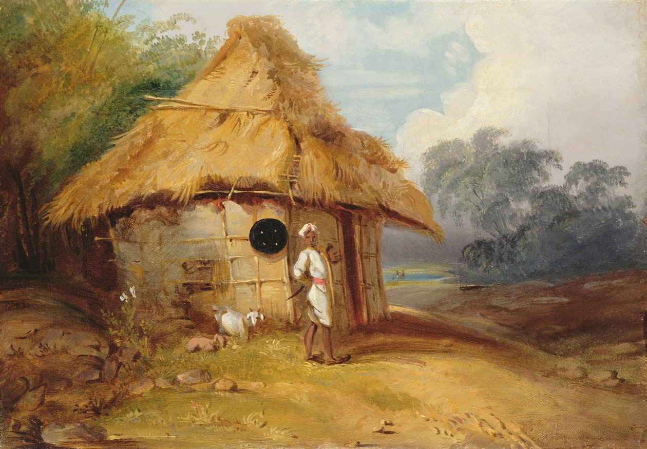 منظر في جنوب الهند ، مع محارب خارج كوخه ، c.1815 بواسطة جورج شنري