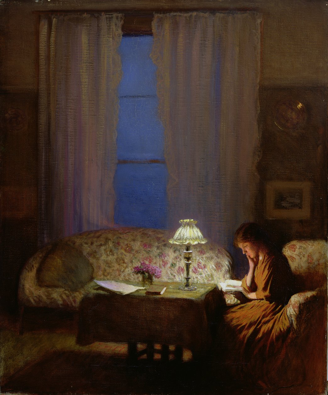 القراءة بواسطة Lamplight (الشفق: داخلي) (زيت على قماش) بواسطة جورج كلاوسن