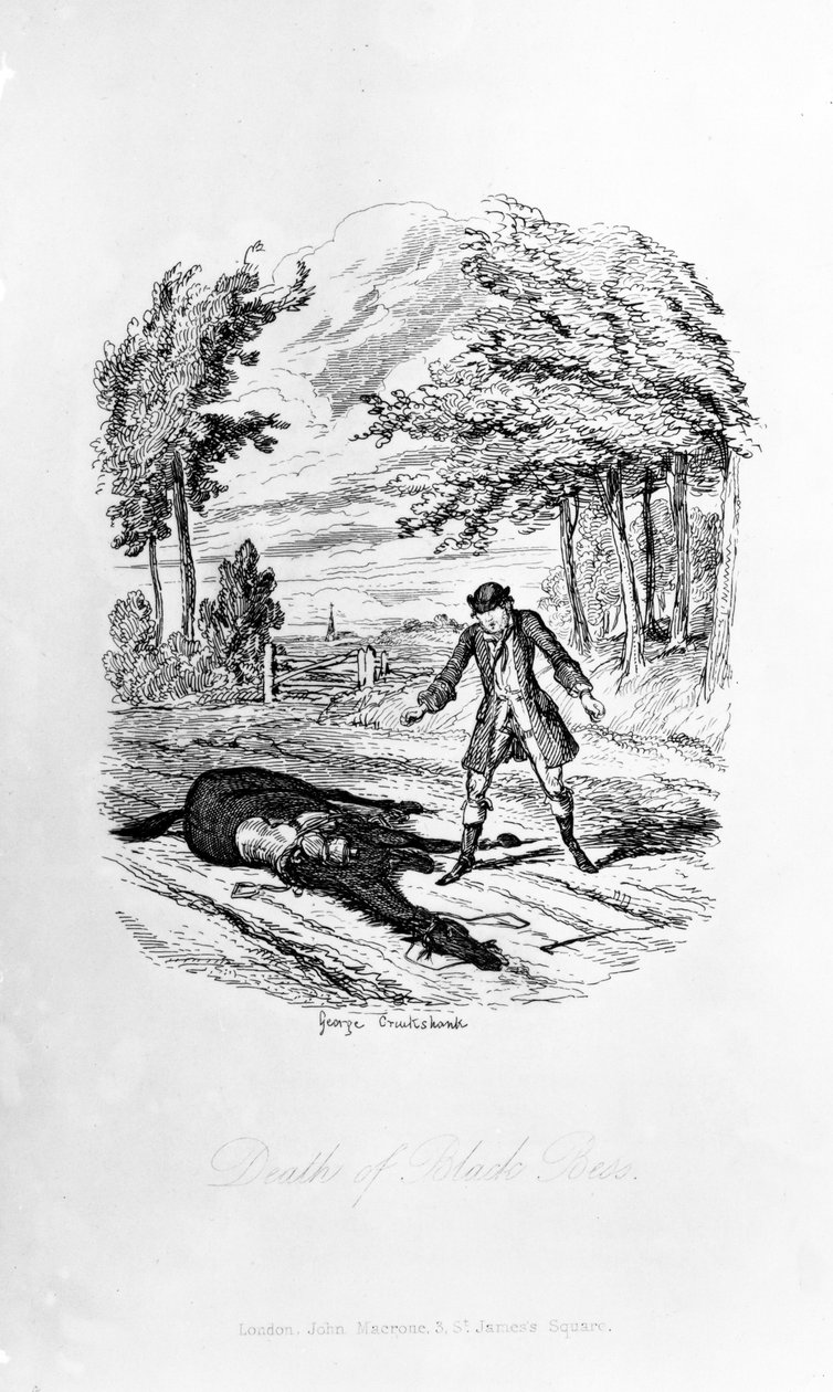 وفاة بلاك بيس ، رسم توضيحي من "روكوود" بقلم ويليام هاريسون أينسورث ، نُشر عام 1836 بواسطة جورج كروكشانك