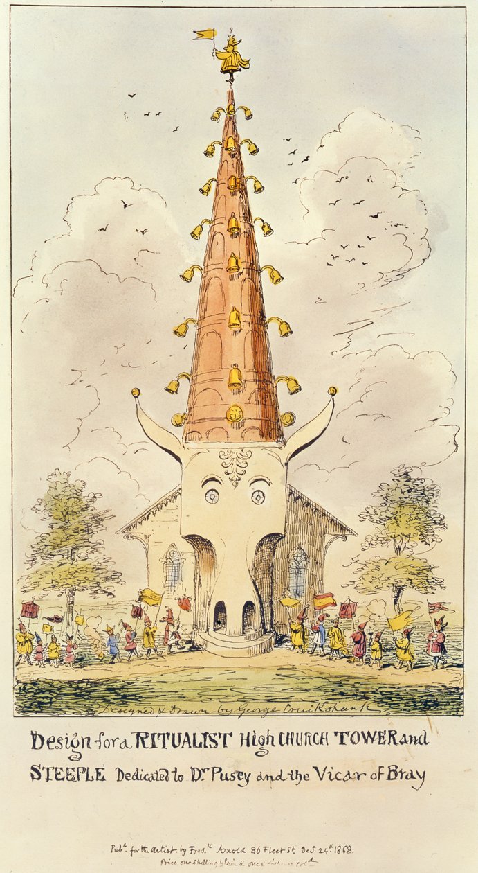 تصميم لبرج الكنيسة السامية والطقوس الطقسية ، مخصص للدكتور Pusey ونائب Bray ، 1868 (طباعة) بواسطة جورج كروكشانك
