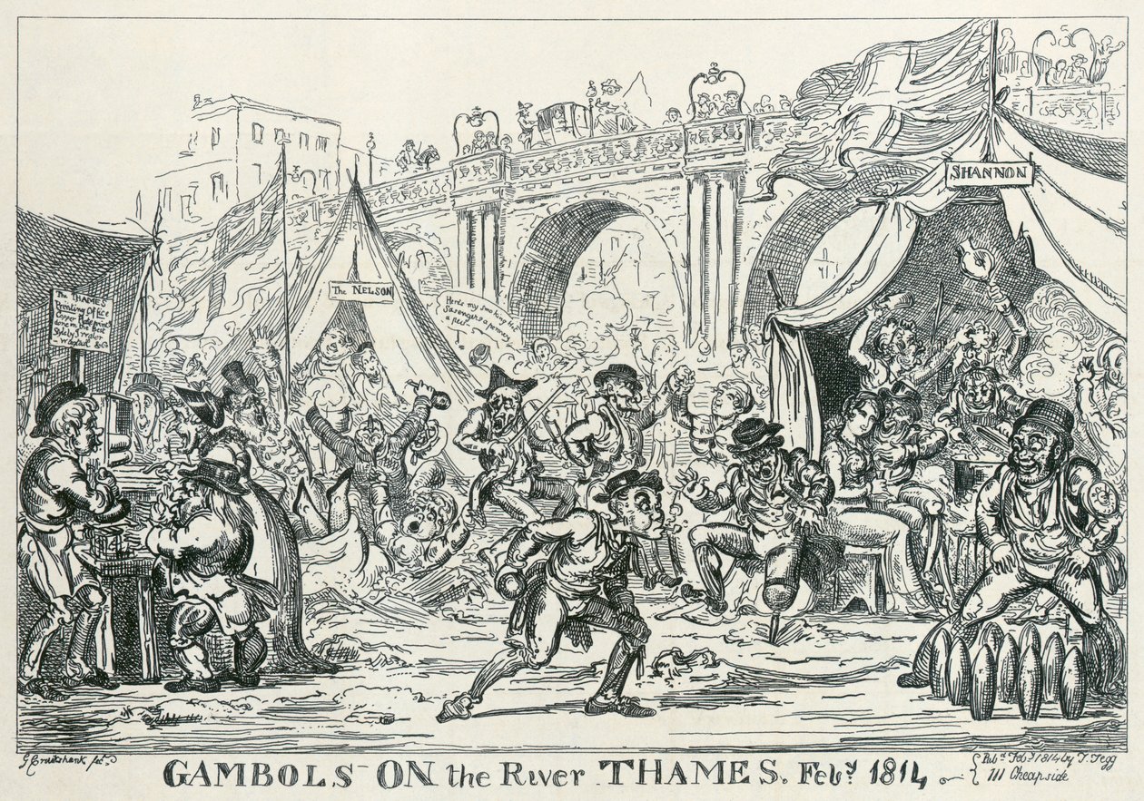 "Gambols on the River Thames ، فبراير ١٨١٤" ، ١٨١٤ بواسطة جورج كروكشانك