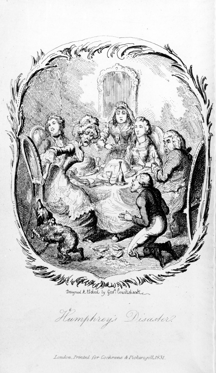 كارثة همفري ، رسم توضيحي من "رحلة همفري كلنكر" لتوبياس سمولت ، 1831 بواسطة جورج كروكشانك