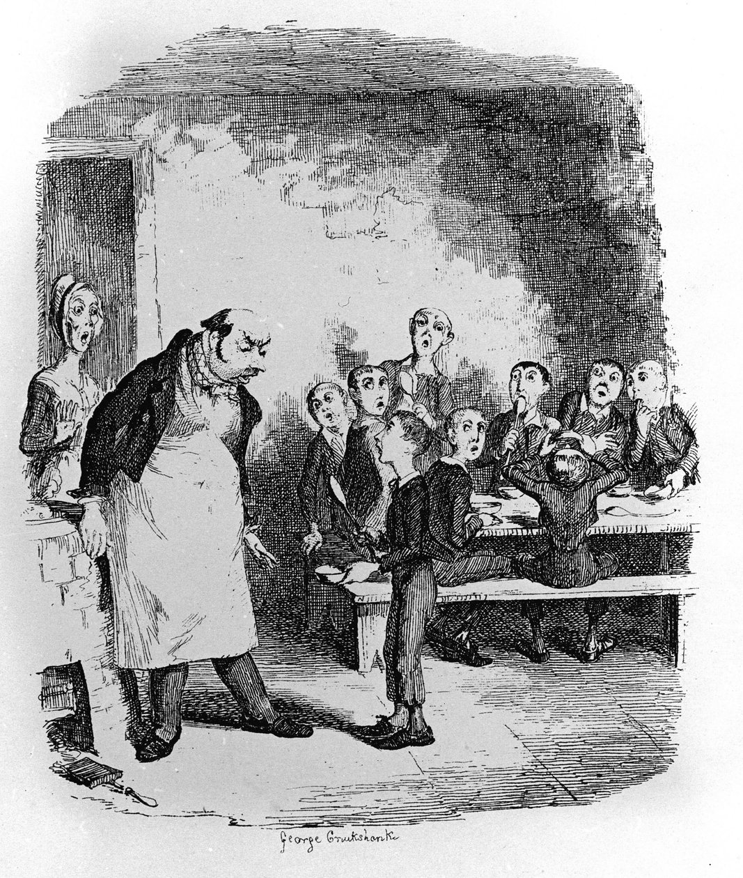 رسم توضيحي لـ "" أوليفر تويست "(أوليفر) لتشارلز ديكنز (1812-1870) ، بقلم جورج كروكشانك (1792-1878). بواسطة جورج كروكشانك