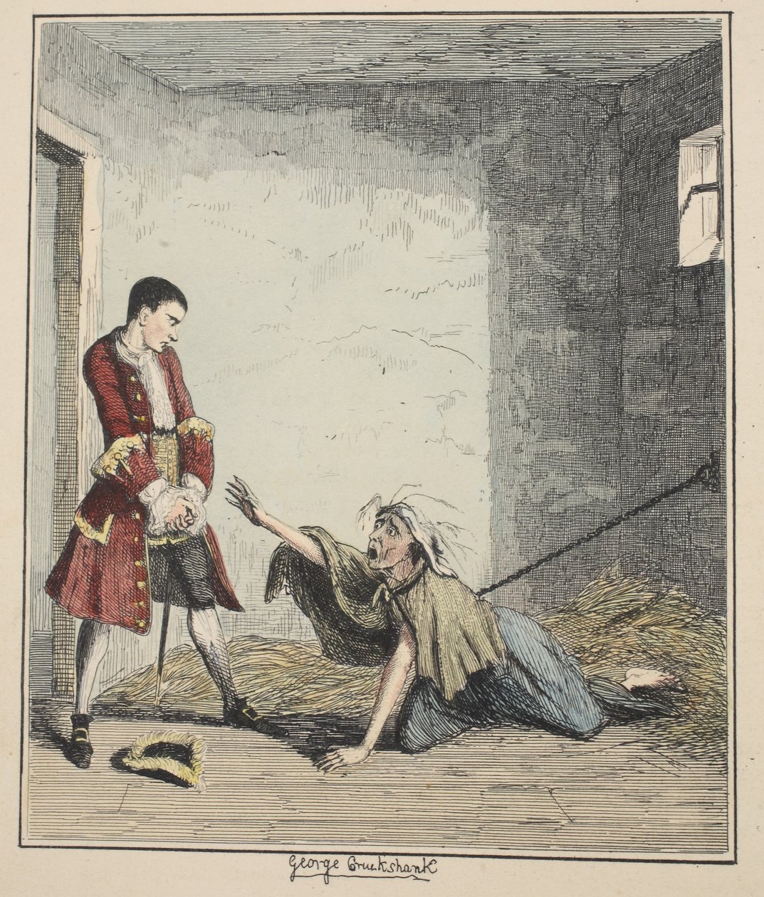 جاك شيبارد يزور والدته في Bedlam ، رسم توضيحي من Jack Sheppard: A Romance by William Harrison Ainsworth ، نشر عام 1839 (النقش الملون يدويًا) بواسطة جورج كروكشانك