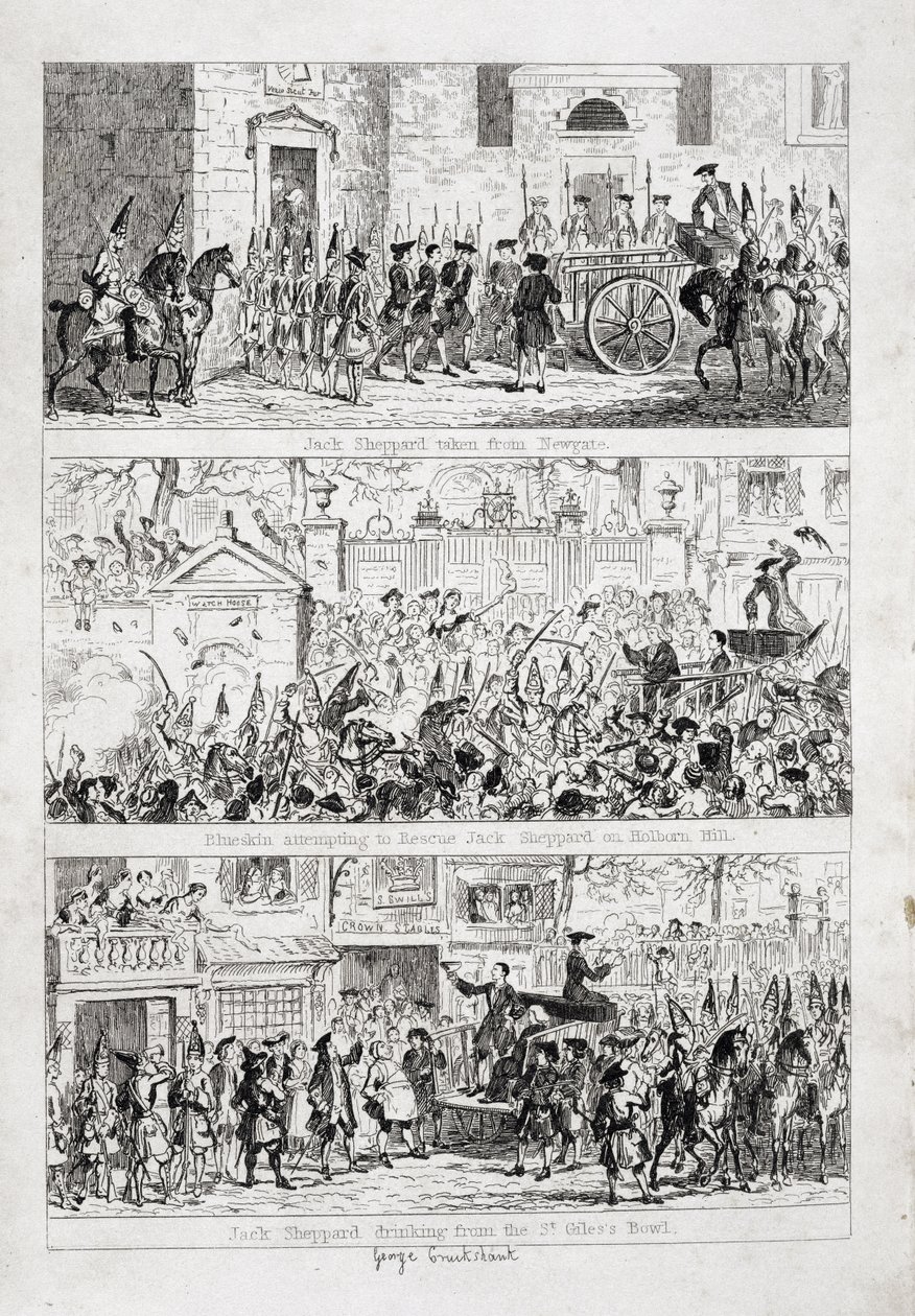 رحلة جاك من Newgate إلى Tyburn ، التوضيح من "Jack Sheppard: A Romance" بقلم ويليام هاريسون أينسورث ، نشر عام 1839 بواسطة جورج كروكشانك