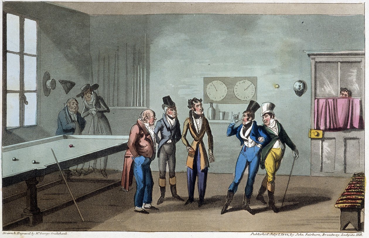 الرجال في غرفة البلياردو - في "الحياة في باريس" لديفيد كاري ، مريض. بواسطة G. Cruikshank ، لندن بواسطة جورج كروكشانك