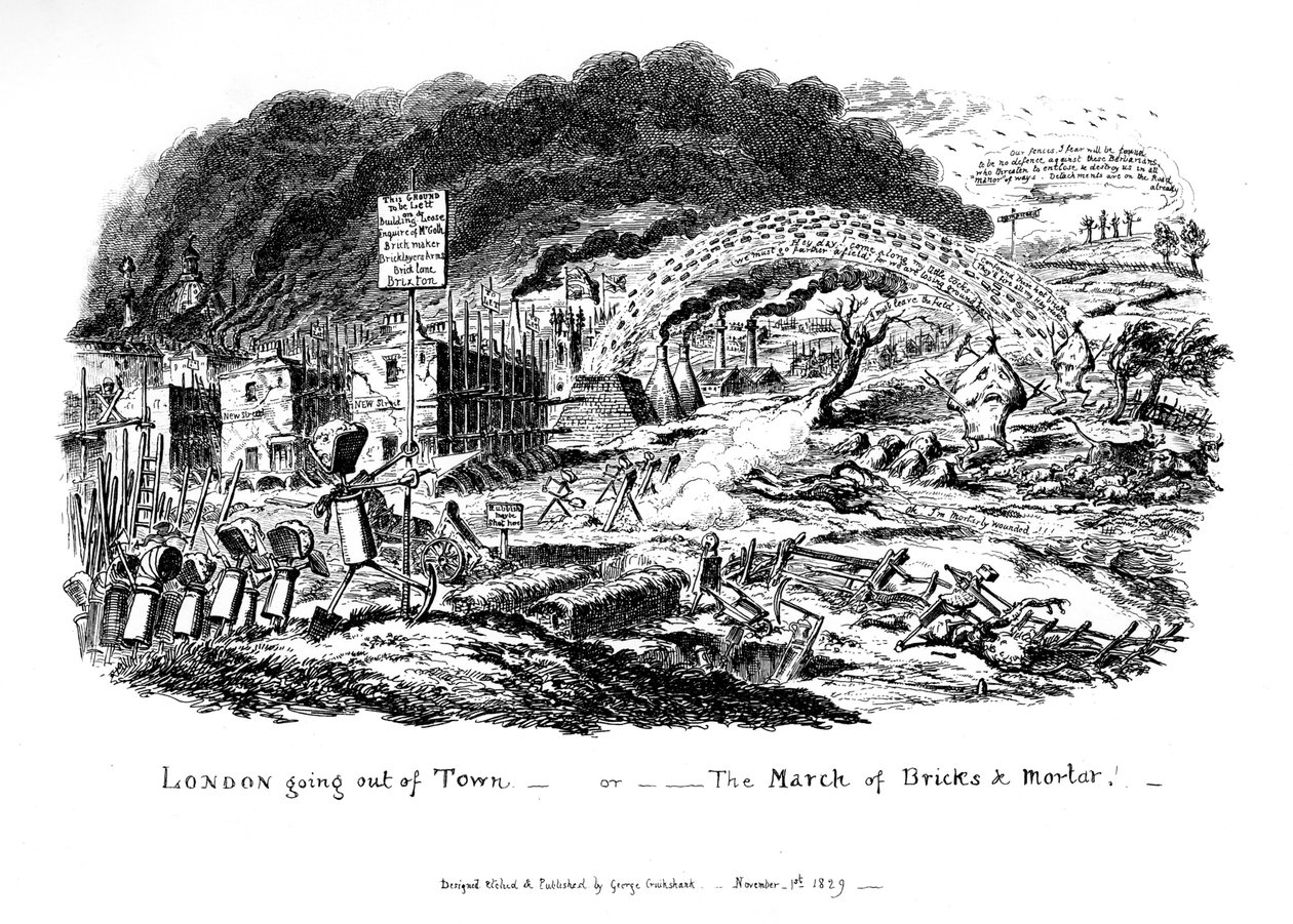 خروج لندن من المدينة - أو The March of Bricks and Mortar ، 1829 بواسطة جورج كروكشانك