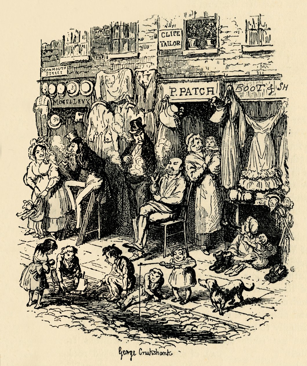شارع مونماوث ، سوهو ، رسم توضيحي بقلم G. Cruikshank لـ Dickens Sketches by Boz. ، 1938 بواسطة جورج كروكشانك