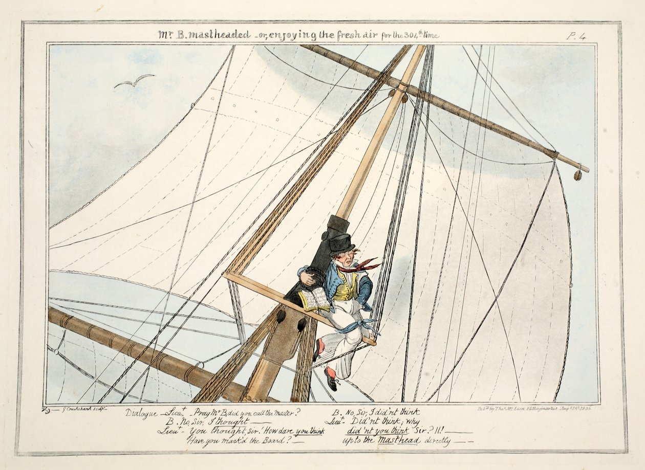السيد B. Mastheaded - أو الاستمتاع بالهواء النقي للمرة 304 ، من The Progress of a Midshipman ، 1835 (نقش ملون باليد) بواسطة جورج كروكشانك