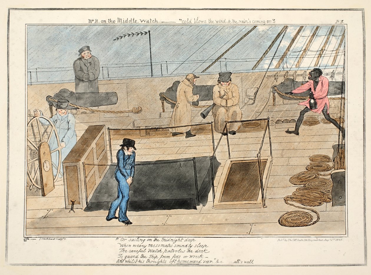 السيد B على الساعة الوسطى - تهب الرياح الباردة والأمطار القادمة من The Progress of a Midshipman ، pub.1835 (نقش ملون باليد) بواسطة جورج كروكشانك