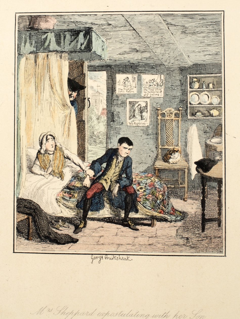 السيدة Sheppard تكلف مع ابنها ، رسم توضيحي من Jack Sheppard: A Romance by William Harrison Ainsworth ، تم نشره عام 1839 (النقش الملون يدويًا) بواسطة جورج كروكشانك