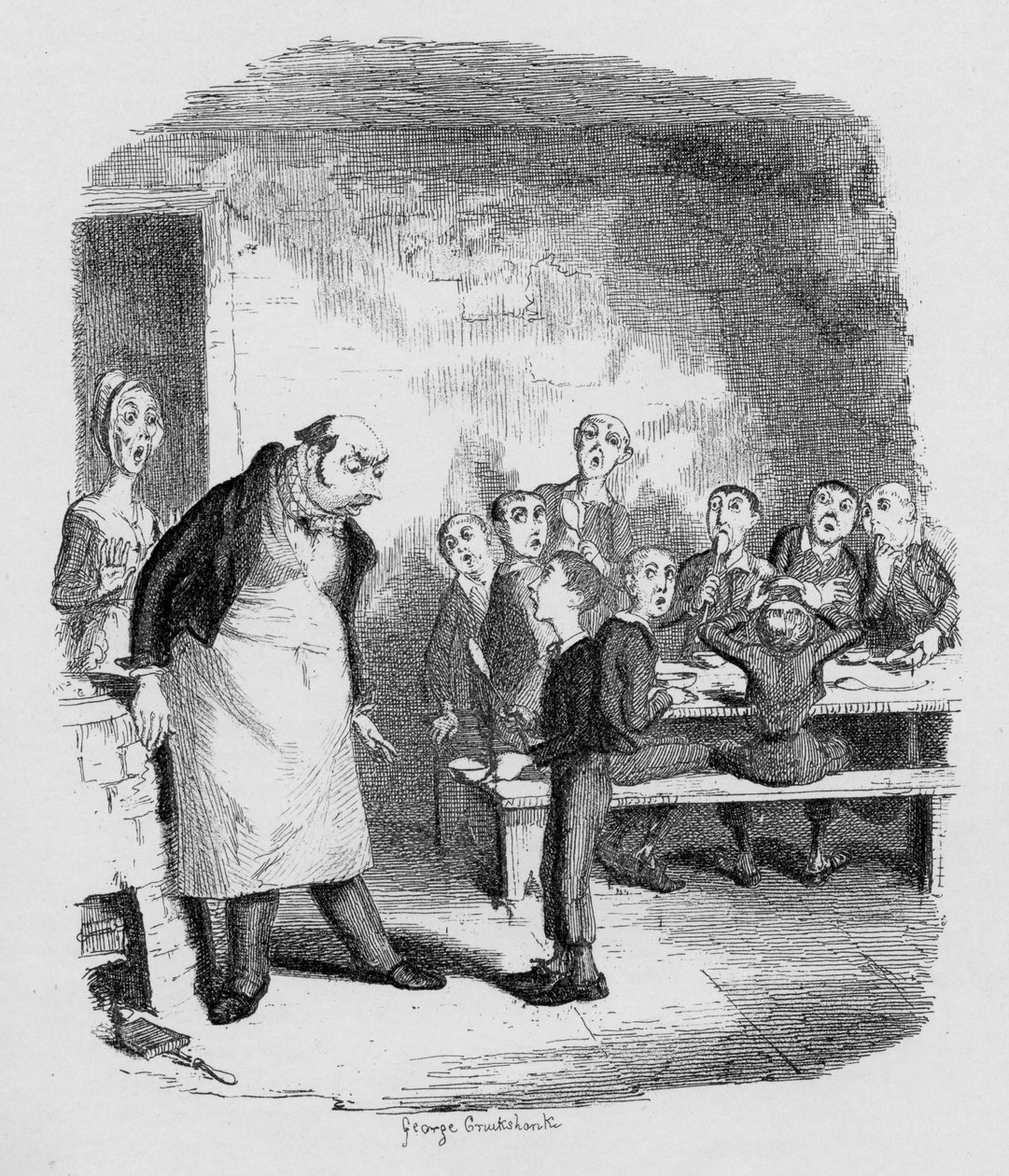 أوليفر يطلب المزيد ، من "مغامرات أوليفر تويست" بقلم تشارلز ديكنز (1812-70) 1838 ، نشره تشابمان أوند هول ، 1901 بواسطة جورج كروكشانك