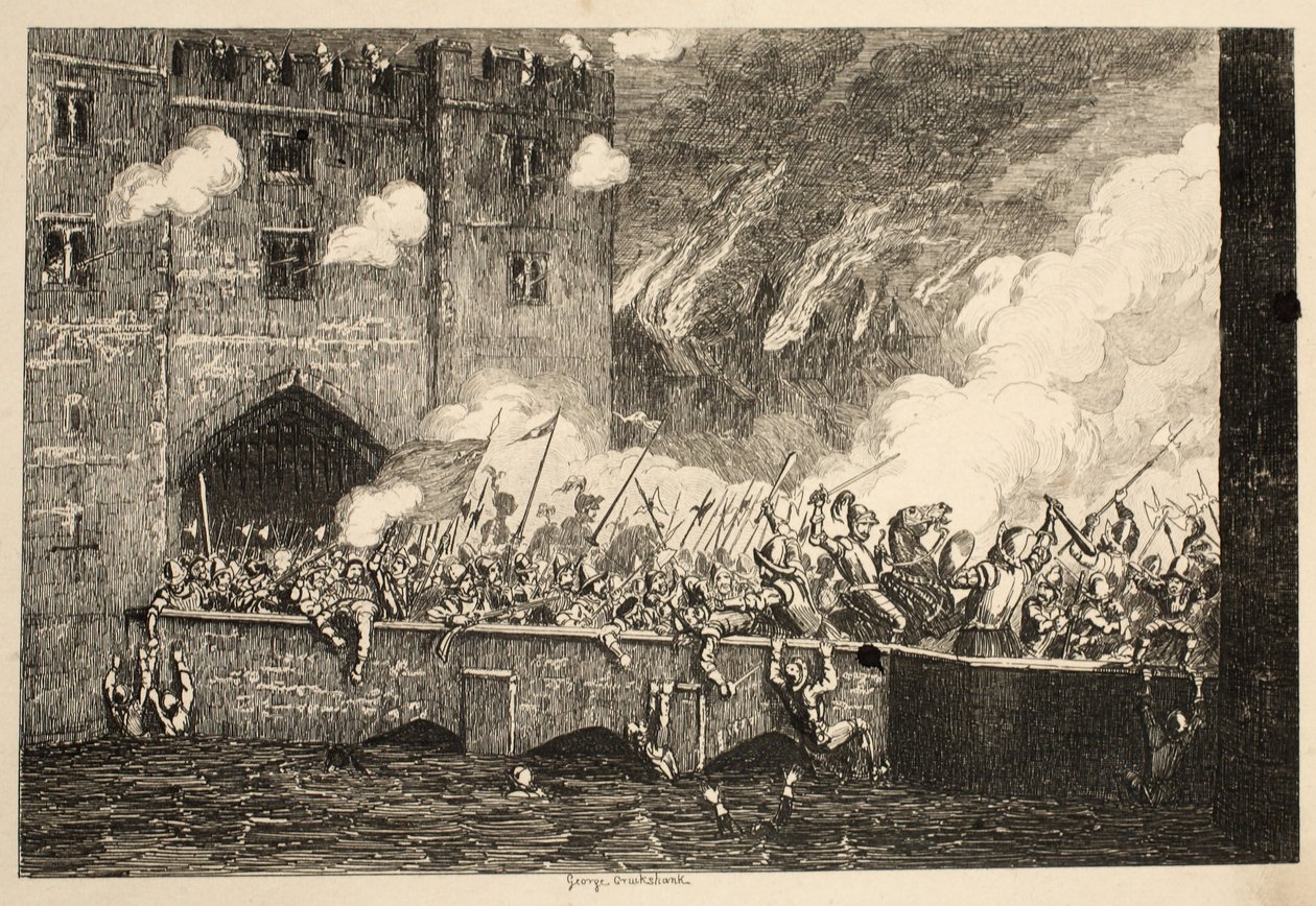يهاجم السير توماس وايت برج By Ward Tower من برج لندن ، الحانة. 1840 بواسطة جورج كروكشانك