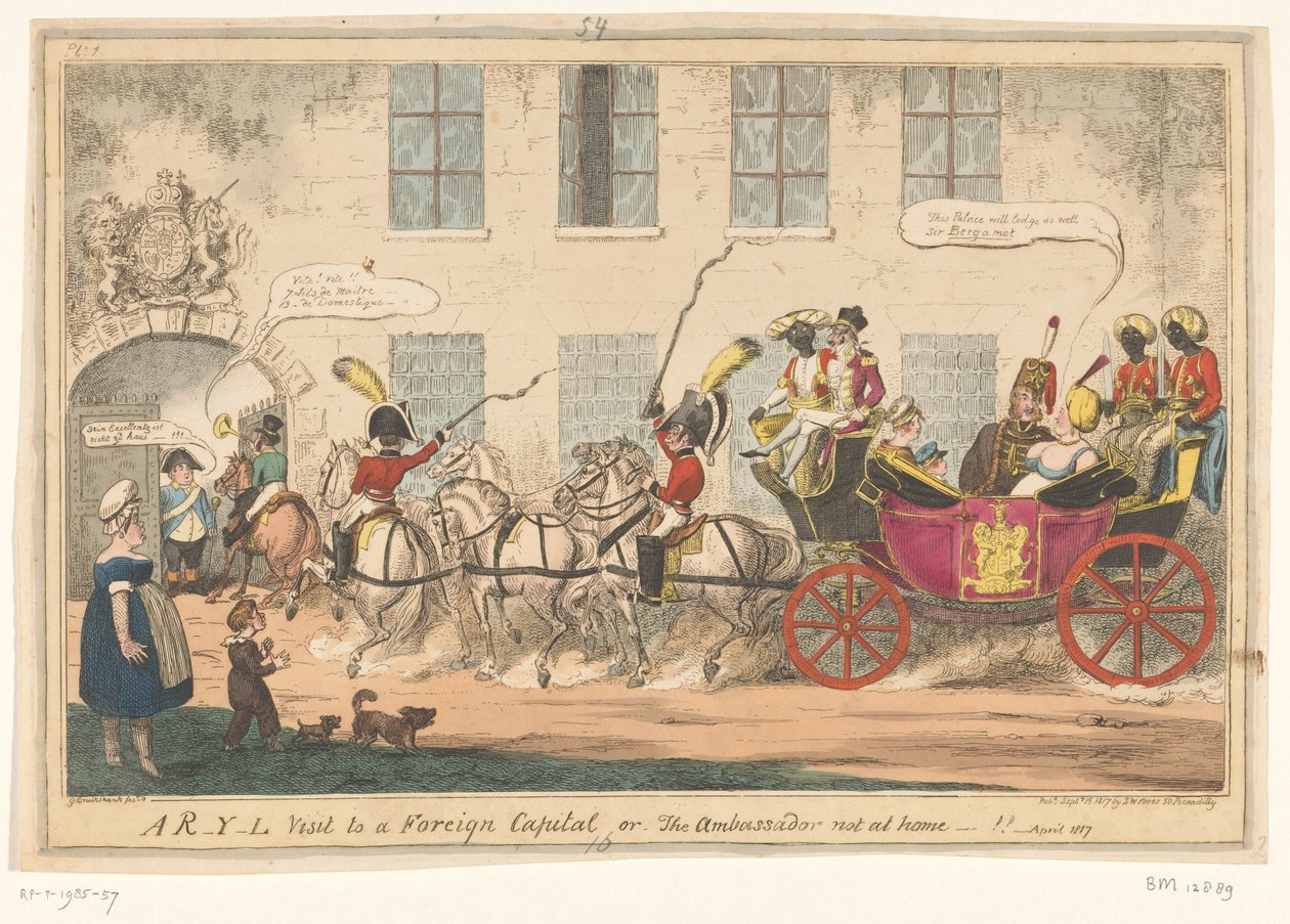 سبوتبرنت أوب برينسيس كارولين ، 1817 زيارة ريل إلى عاصمة أجنبية أو ، السفير ليس في المنزل- !! (العنوان على الكائن) بواسطة جورج كروكشانك