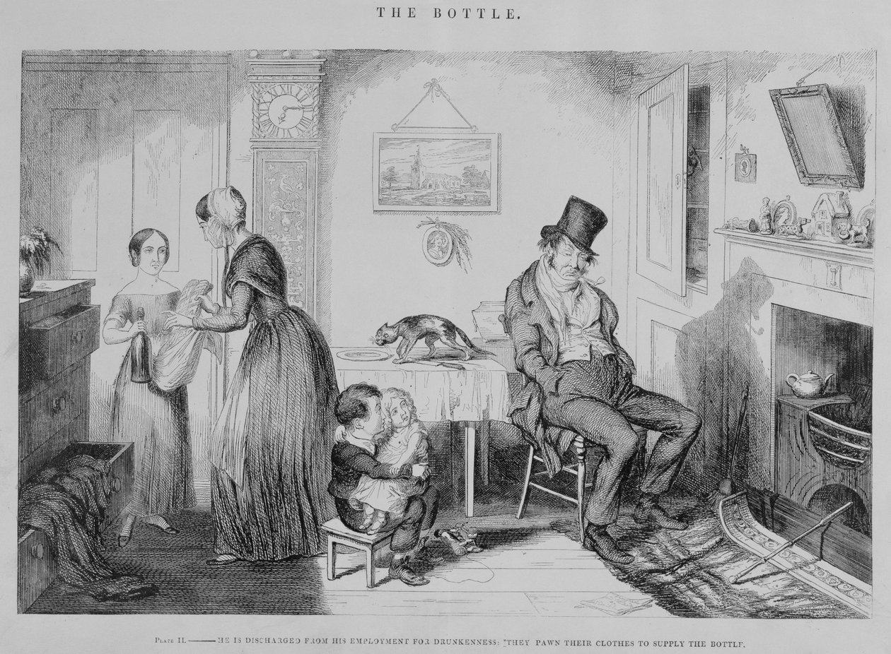 الزجاجة ، اللوحة الثانية ، يُخرج من عمله بسبب السكر: يرهنون ملابسهم لتزويد الزجاجة ، 1847 بواسطة جورج كروكشانك