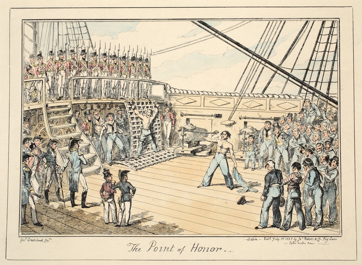 The Point of Honor ، من مستشفى Greenwich ، سلسلة من الرسومات البحرية ، وصفية لحياة رجل حرب ، حانة. 1825 (نقش ملون يدوي) بواسطة جورج كروكشانك