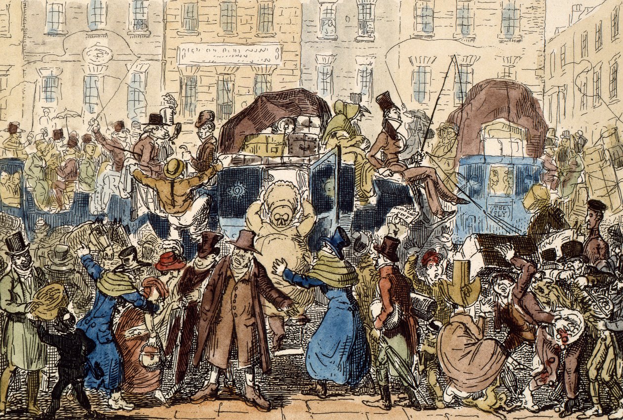 السفر في إنجلترا ، أو زقزقة من قبو الحصان الأبيض ، 1819 (حفر يدوي) بواسطة جورج كروكشانك