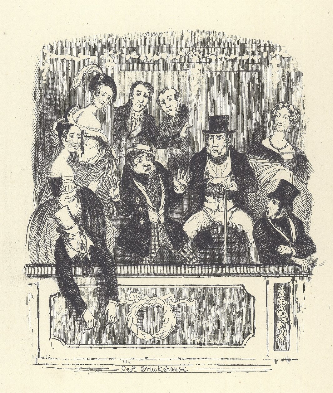 Victorian theatregoers crowd into a box at a London theatre (engraving) بواسطة جورج كروكشانك