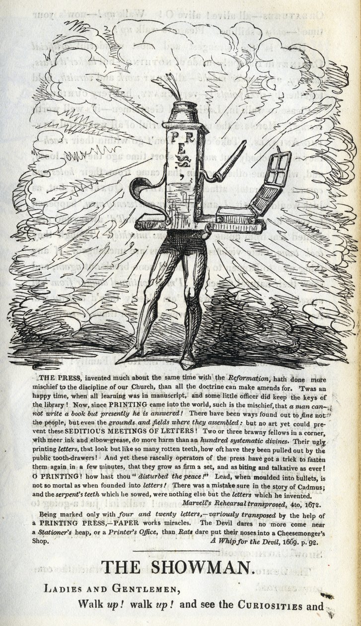 انتصار الصحافة من أجل حريات الشعب ، صورة توضيحية من "The Showman Showman - at Home!" بقلم ويليام هون ، نُشر عام 1821 بواسطة جورج كروكشانك