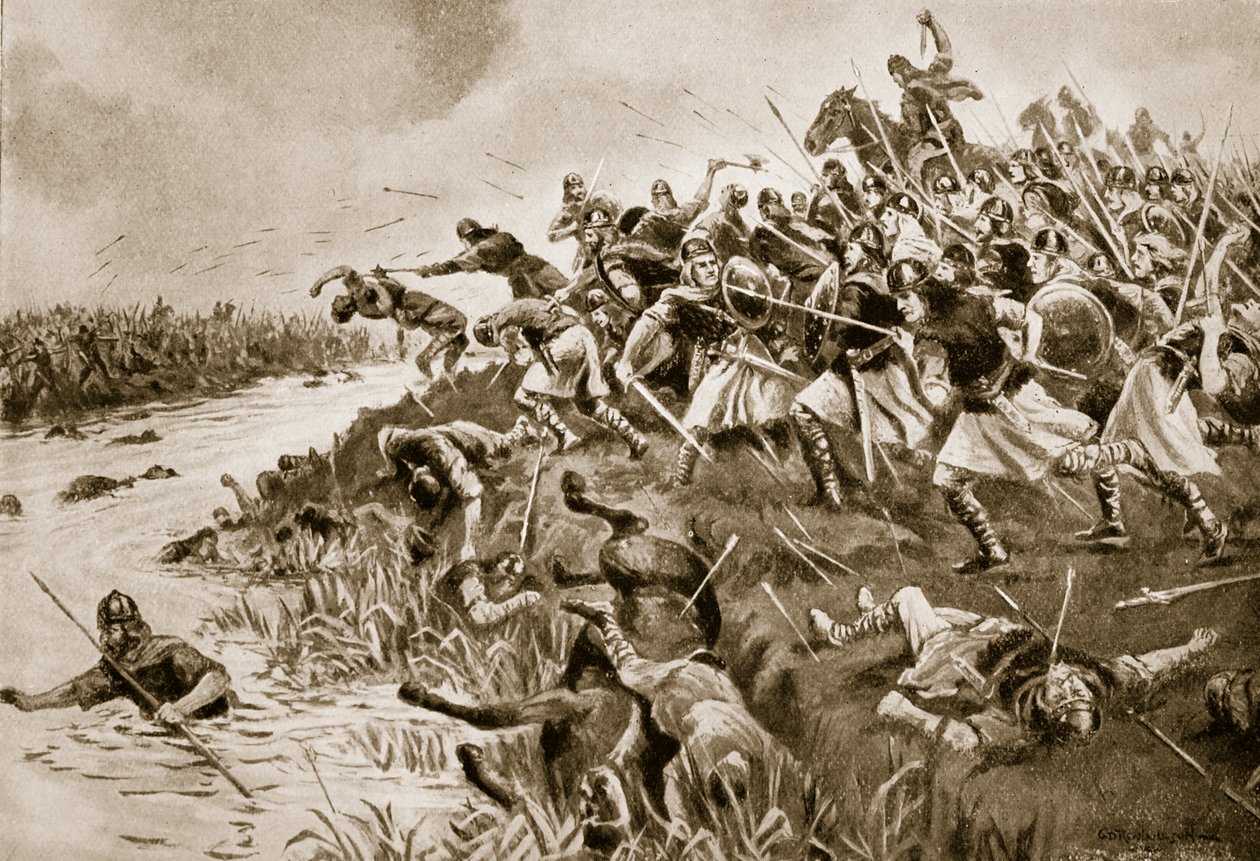 معركة إلوندون ، 825 م ، رسم توضيحي من "قصة هتشنسون للأمة البريطانية" ، حوالي 1920 بواسطة جورج درفيل رولاندسون