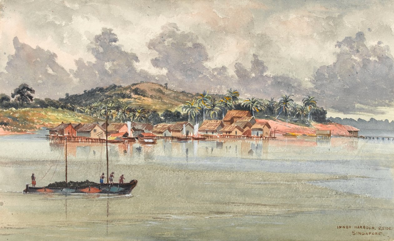 الميناء الداخلي ، إس سايد ، سنغافورة ، حوالي 1859-62 (ألوان مائية) بواسطة جورج ELS سانفورد