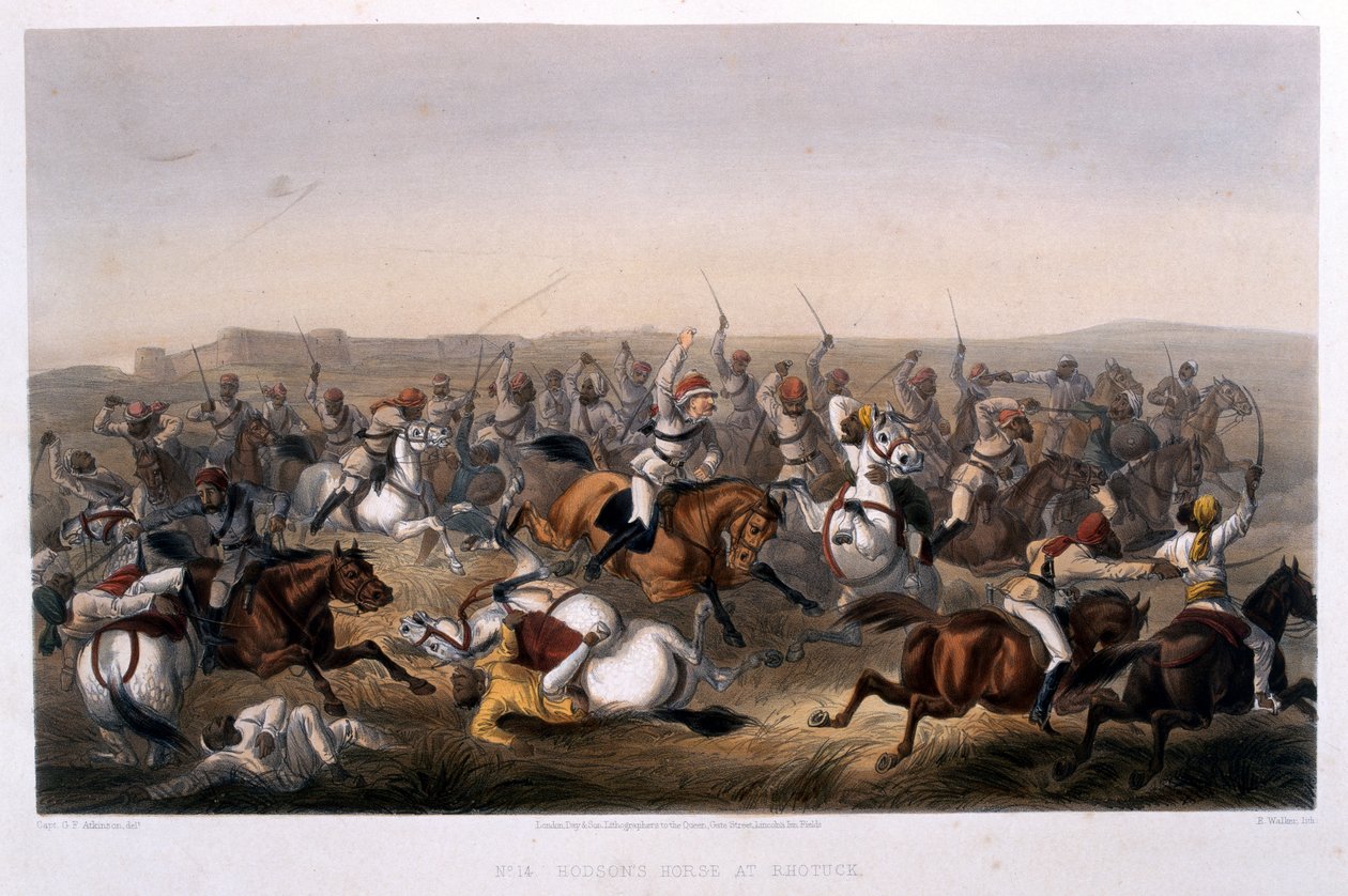 حصان هودسون في Rhotuck ، من "الحملة في الهند 1857-1858 من الرسوم التي تم إجراؤها خلال الفترة الحافلة بالتمرد العظيم ، والتي توضح العمليات العسكرية قبل دلهي وجارتها بواسطة جورج فرانكلين أتكينسون