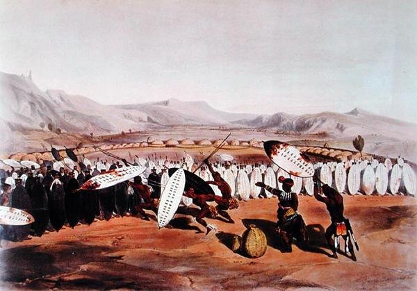Umpanda يستعرض قواته في Nonduengo ، نقش بواسطة J.Needham ، حوالي 1849 (لون ليثو) بواسطة جورج فرينش (بعد) أنجاس