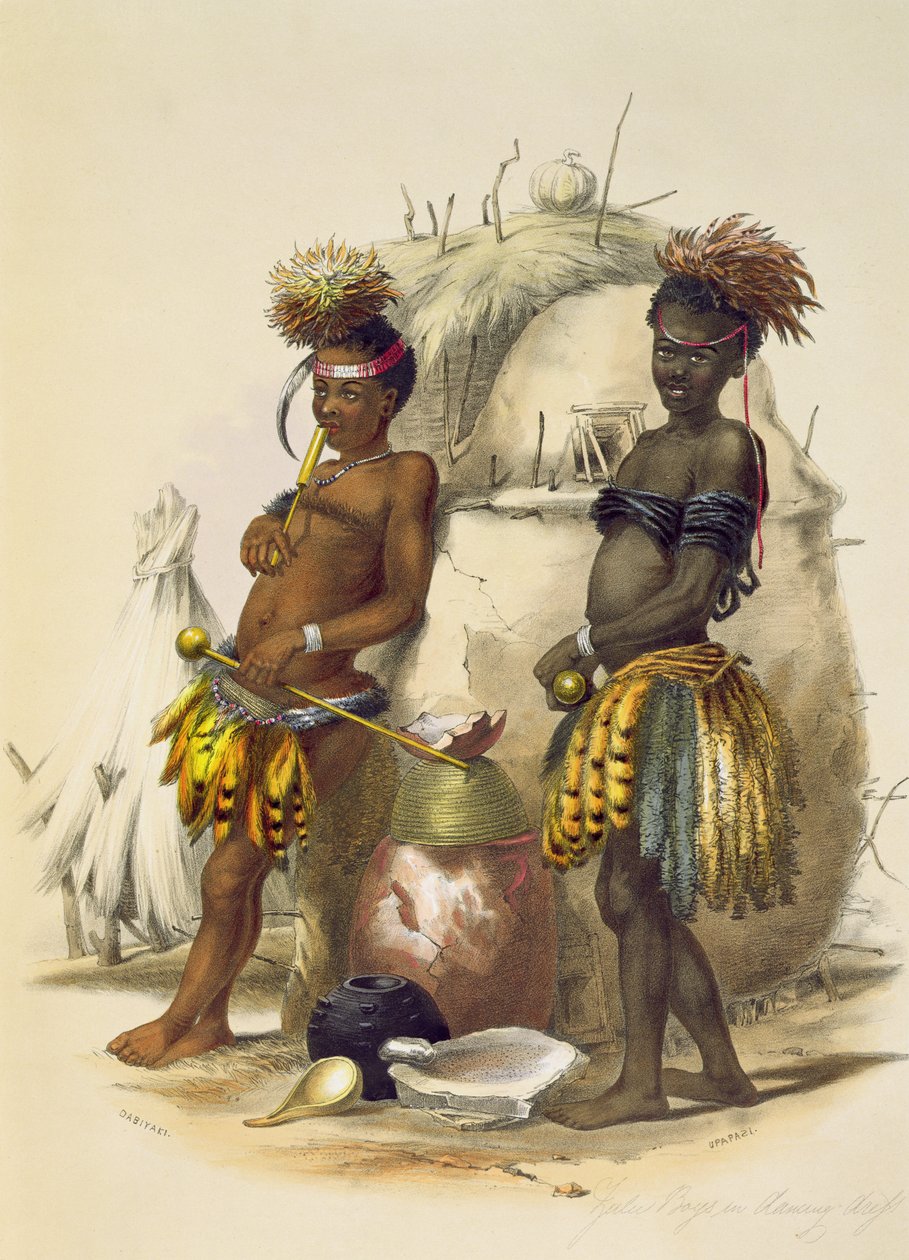 Dabiyaki و Upapazi ، Zulu Boys in Dancing Dress ، لوحة 17 من "The Kafirs Illustrated" ، 1849 بواسطة جورج فرينش انجاس