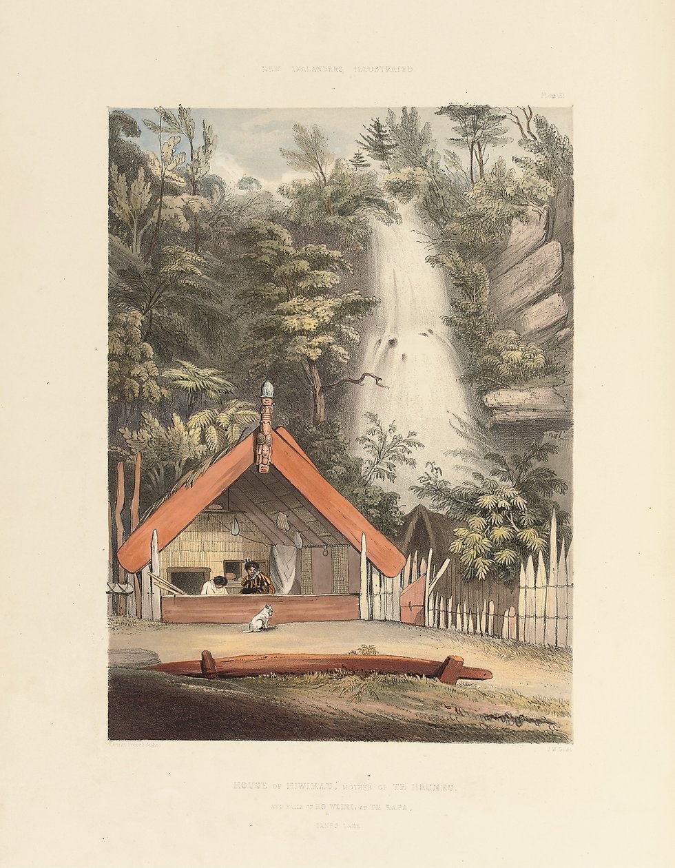 House of Hiwikau ، والدة Heuneu ، وشلالات Ko Waihi ، في Te Rapa ، اللوحة 21 من "The New Zealanders Illustrated" ، 1847 بواسطة جورج فرينش انجاس