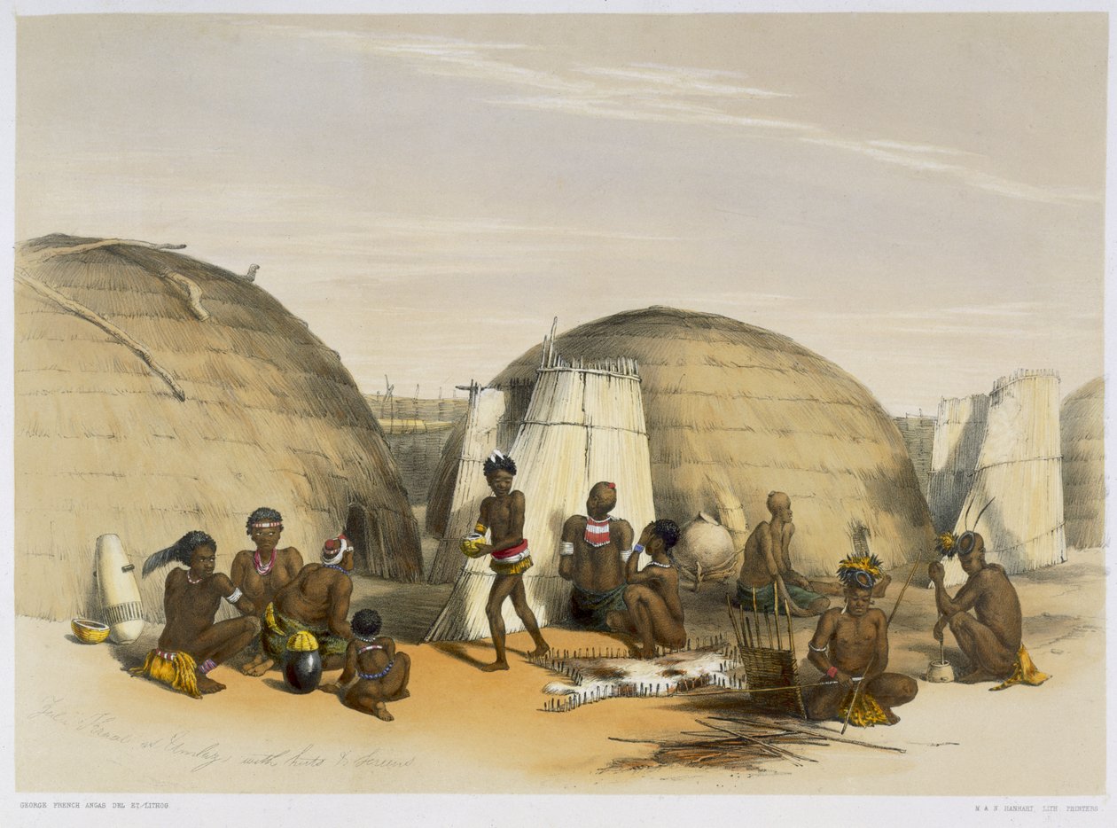 Zulu Kraal في Umlazi مع الأكواخ والشاشات ، اللوحة 21 من "The Kafirs Illustrated" ، 1849 بواسطة جورج فرينش انجاس