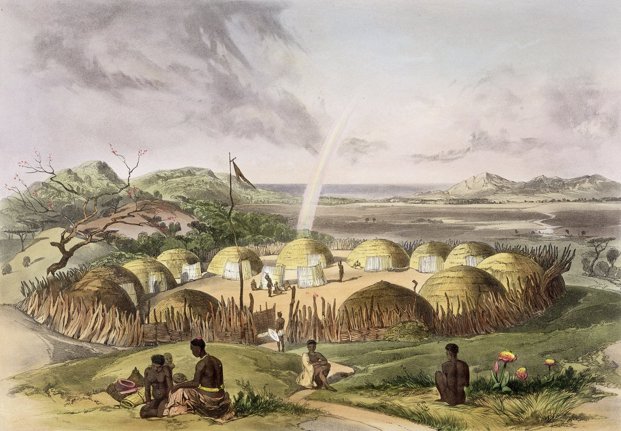 Zulu Kraal بالقرب من Umlazi ، Natal ، اللوحة 27 من "The Kafirs Illustrated" ، 1849 بواسطة جورج فرينش انجاس
