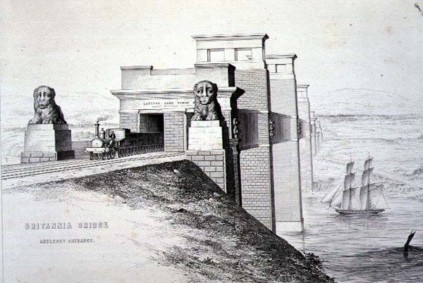 جسر بريتانيا ، مدخل أنجلسي ، محفور بواسطة الفنان ، حانة. 1849 (ليثو) (للون انظر 122445) بواسطة جورج هوكينز